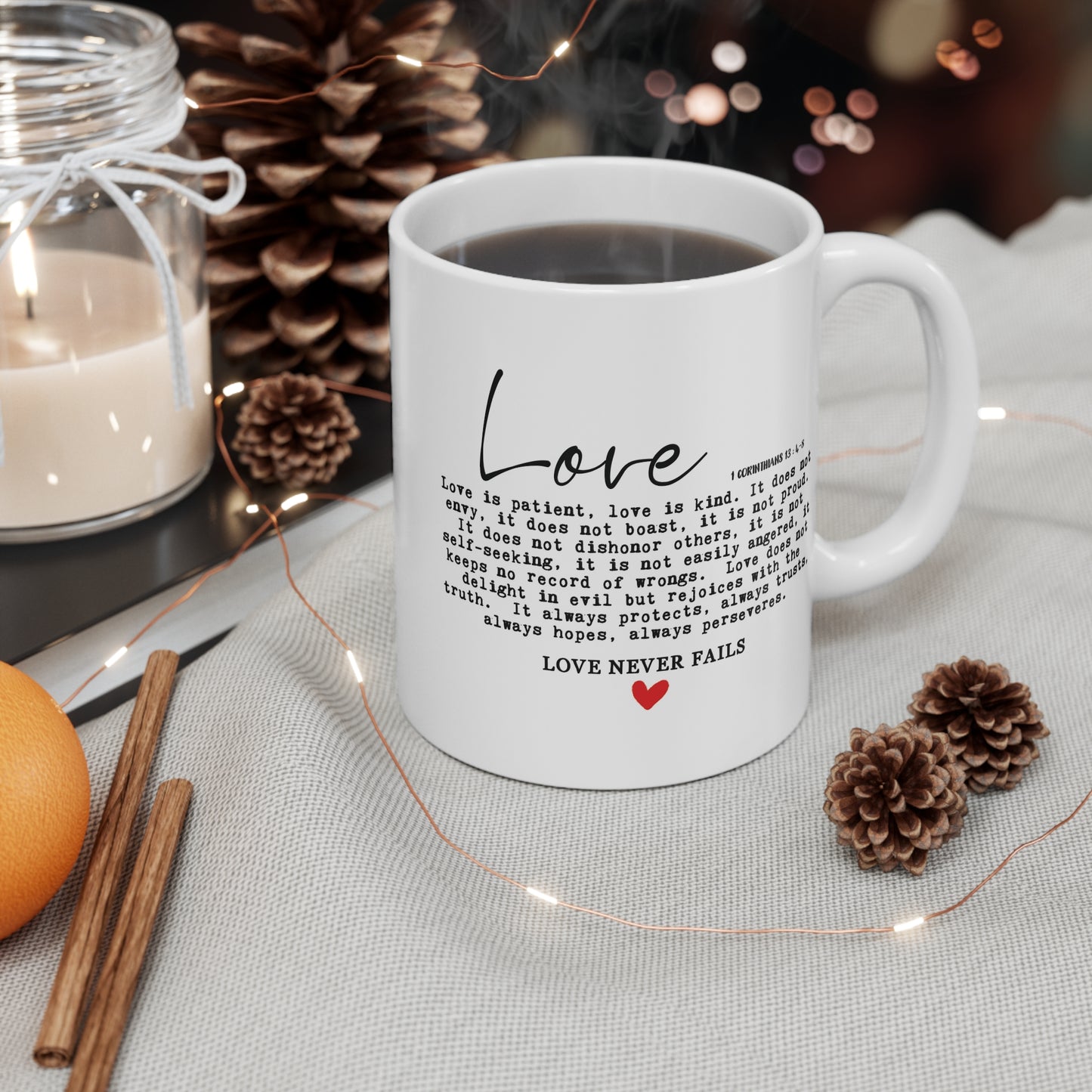 Love is Patient, Love is Kind, 1 Corinthians 13 Bible Scripture Ceramic Coffee Mug 11oz with Red Heart, Bible Scripture Gift, Inspirational