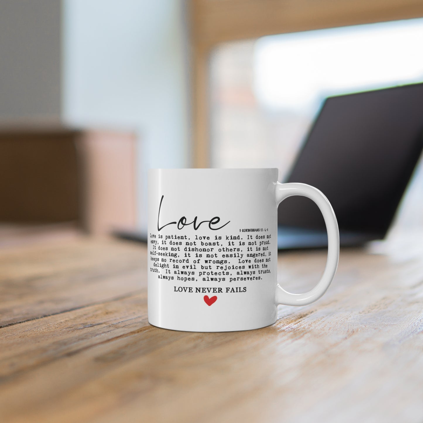 Love is Patient, Love is Kind, 1 Corinthians 13 Bible Scripture Ceramic Coffee Mug 11oz with Red Heart, Bible Scripture Gift, Inspirational