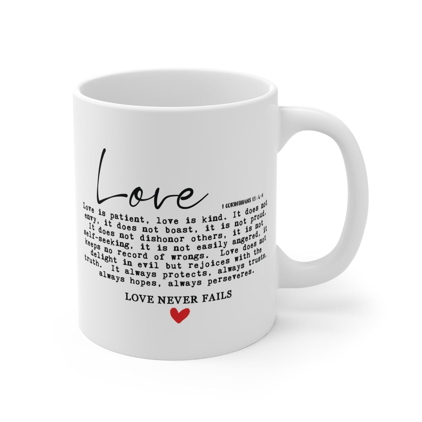 Love is Patient, Love is Kind, 1 Corinthians 13 Bible Scripture Ceramic Coffee Mug 11oz with Red Heart, Bible Scripture Gift, Inspirational